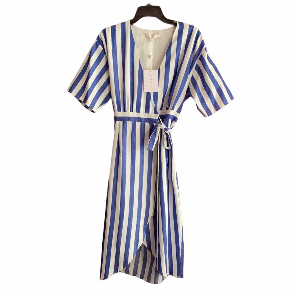 NWT WAYF Striped Blue White Tie Wrap Dress…
